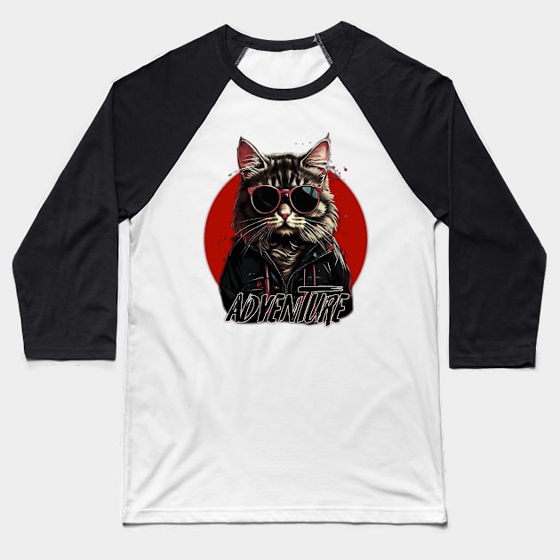 Adventure Retro Cat Design Baseball T-Shirt by Mustapha Sani Muhammad